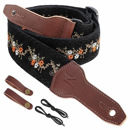 Nefelibata Banjo Strap, 2 Wide Double Full Grain Cowhide Guitar Strap - Small Flower Embroidery