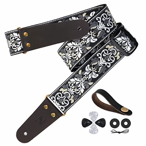 Jacquard Embroidery Guitar Strap, Full Grain Leather Ends with Hidden Pocket, for Bass, Electric and Acoustic Guitars — Retro White Flowers