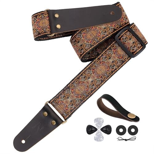 Embroidered Guitar Strap with Leather Ends & Pocket, for Bass & Electric Guitars — Gold Flower