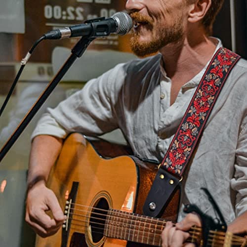 Jacquard Embroidery Guitar Strap, Full Grain Leather Ends with Hidden Pocket, for Bass, Electric and Acoustic Guitars