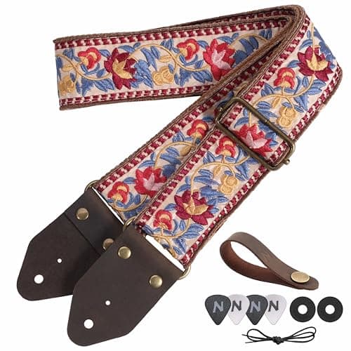 Nefelibata Guitar Strap with Crazy Horse Leather Ends for Bass, Electric & Acoustic — F#-elegant Red Flower Embroidery