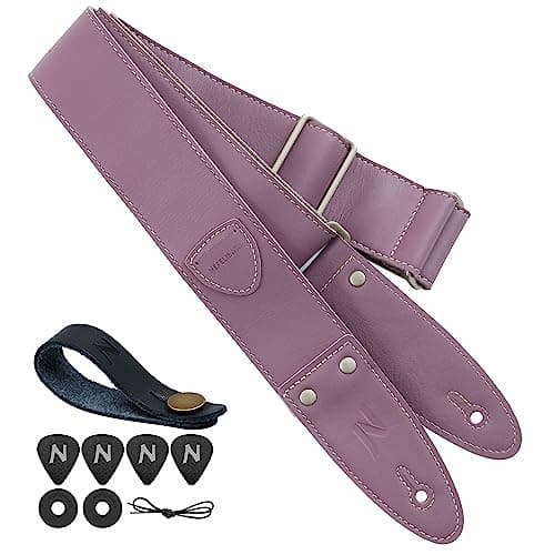 Nefelibata Guitar Strap, Full Grain Leather with Pick Pocket for Bass, Electric & Acoustic Guitar - Haze Blue — B#-charming Purple