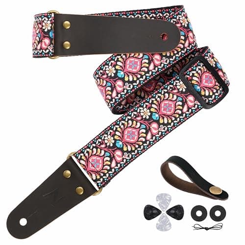 Embroidered Guitar Strap with Leather Ends & Pocket, for Bass & Electric Guitars — Pink Flowers
