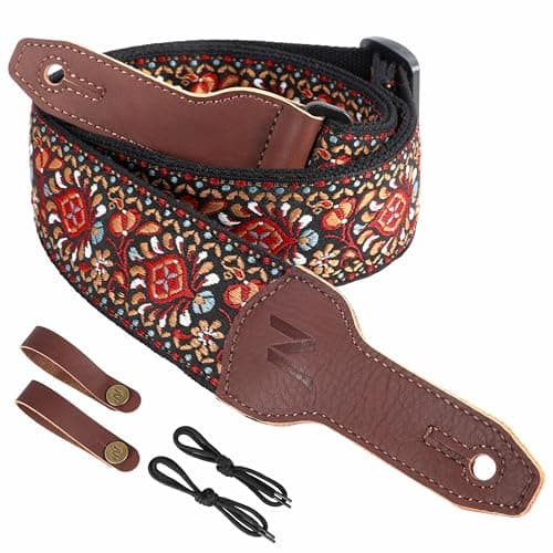 Nefelibata Banjo Strap, 2 Wide Double Full Grain Cowhide Guitar Strap - Small Flower Embroidery — Red Flower Embroidery