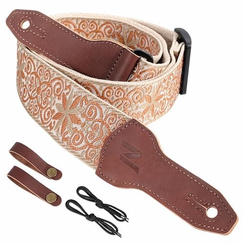 Nefelibata Banjo Strap, 2 Wide Double Full Grain Cowhide Guitar Strap - Small Flower Embroidery — Yellow Flower Embroidery