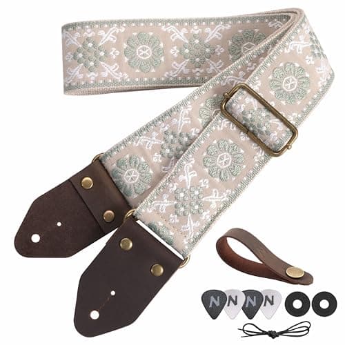 Nefelibata Guitar Strap with Crazy Horse Leather Ends for Bass, Electric & Acoustic — F#-light Green Flower Embroidery