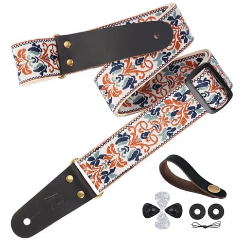 Embroidered Guitar Strap with Leather Ends & Pocket, for Bass & Electric Guitars