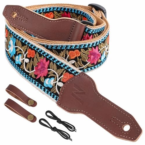 Nefelibata Banjo Strap, 2 Wide Double Full Grain Cowhide Guitar Strap - Small Flower Embroidery — Multi Flower Embroidery