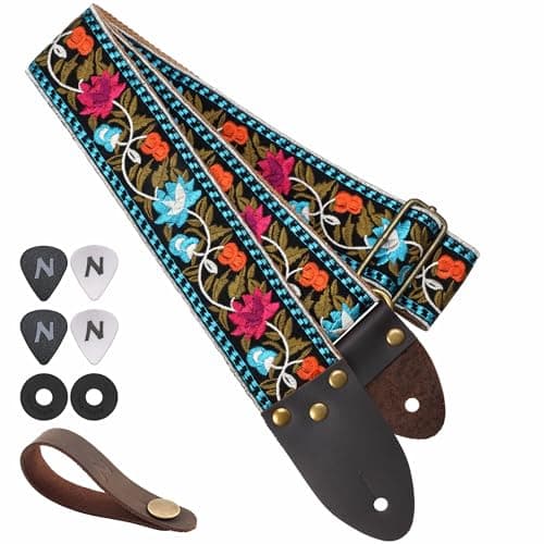 Vintage Jacquard Embroidery Cotton Guitar Strap with Leather Ends for Electric and Acoustic Guitars