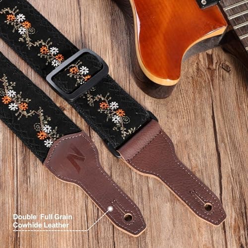 Nefelibata Banjo Strap, 2 Wide Double Full Grain Cowhide Guitar Strap - Small Flower Embroidery