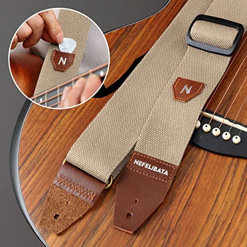 Nefelibata Guitar Strap with Pick Pocket, 100% Cotton and Leather End - Ideal for Guitarists and Kids