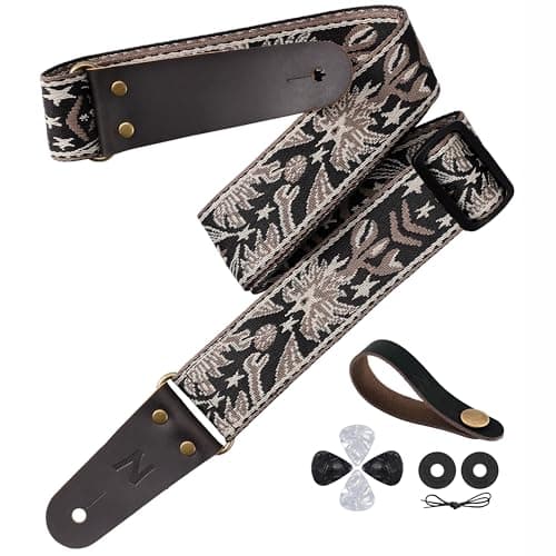 Embroidered Guitar Strap with Leather Ends & Pocket, for Bass & Electric Guitars — Mystery Totem-beige