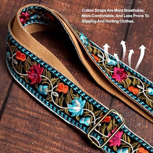 Vintage Jacquard Embroidery Cotton Guitar Strap with Leather Ends for Electric and Acoustic Guitars