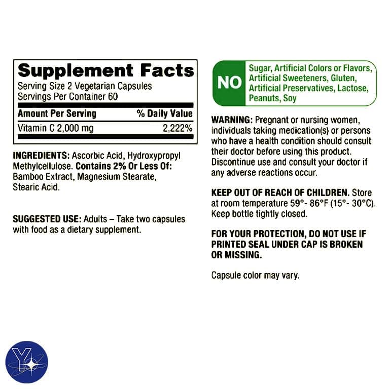 Ultra Strength Vitamin C Capsules - 2,000 mg, 120 Count and Bookmark Gift of YOLOMOLO