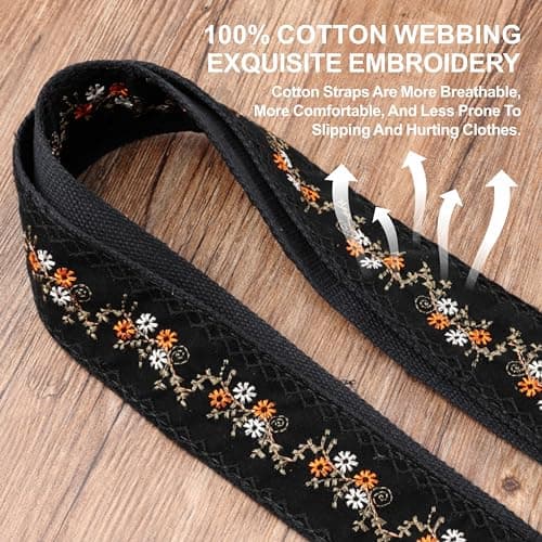Nefelibata Banjo Strap, 2 Wide Double Full Grain Cowhide Guitar Strap - Small Flower Embroidery