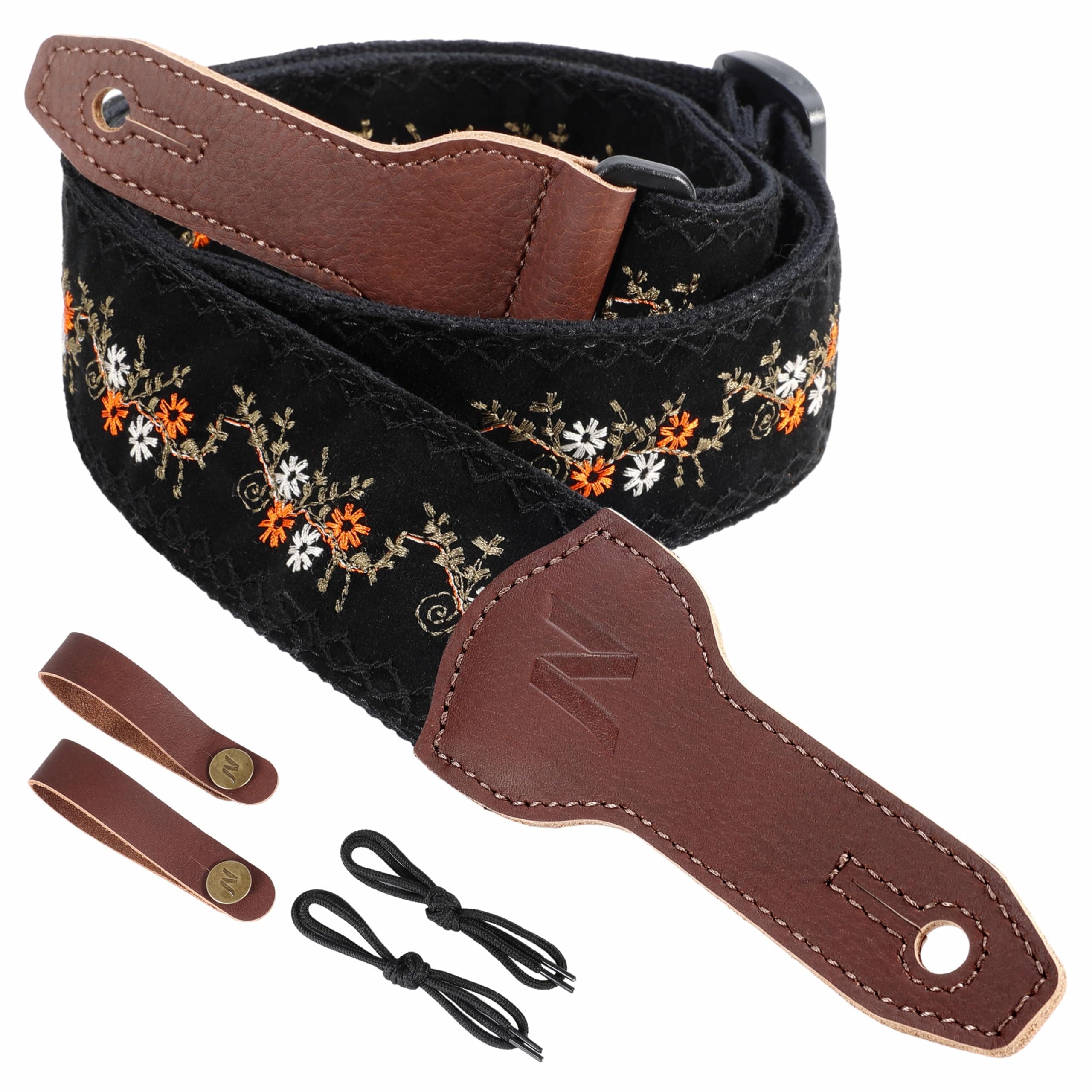 Nefelibata Banjo Strap, 2 Wide Double Full Grain Cowhide Guitar Strap - Small Flower Embroidery