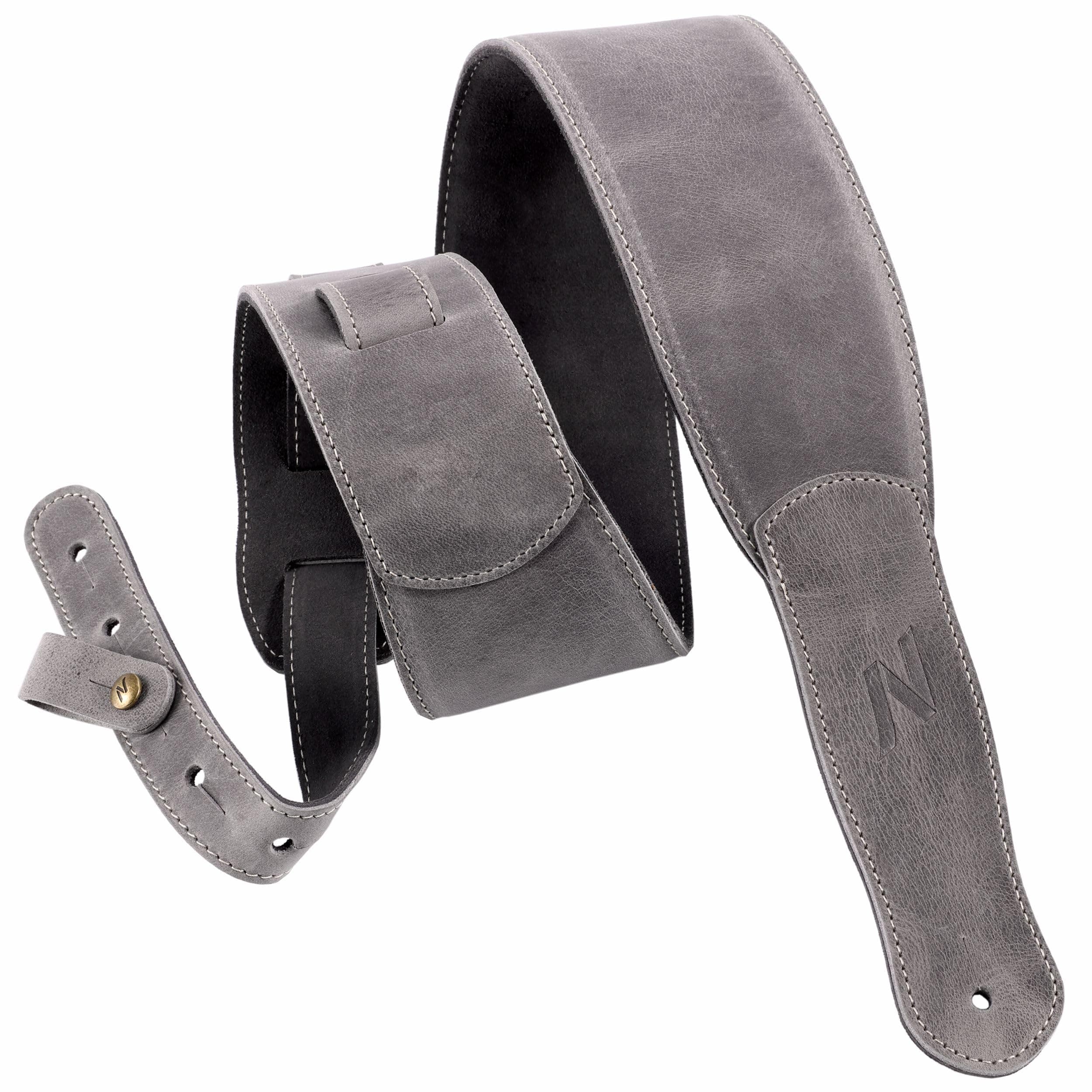 Vintage Gray Full Grain Leather 3-Inch Guitar Strap with Padding and Cable Organizer Loop for Kids, Men and Women